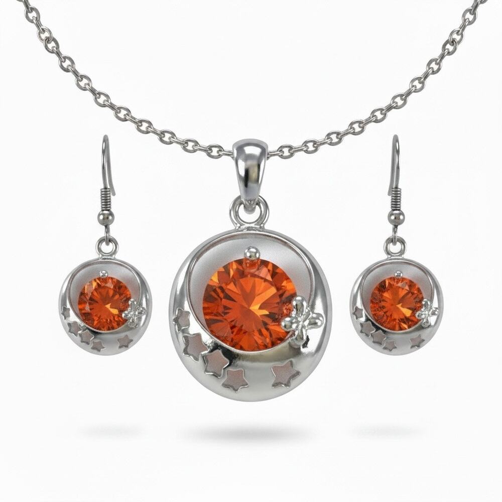 Silver Tone Orange Crystal Necklace & Earrings Jewelry Set Gift
